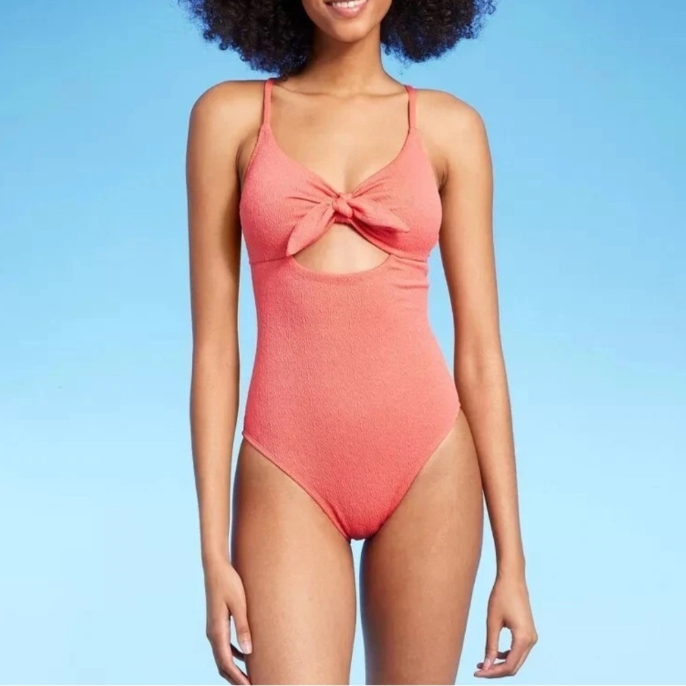 Shade & Shore women’s pink crepe textured one-piece bralette swimsuit size large